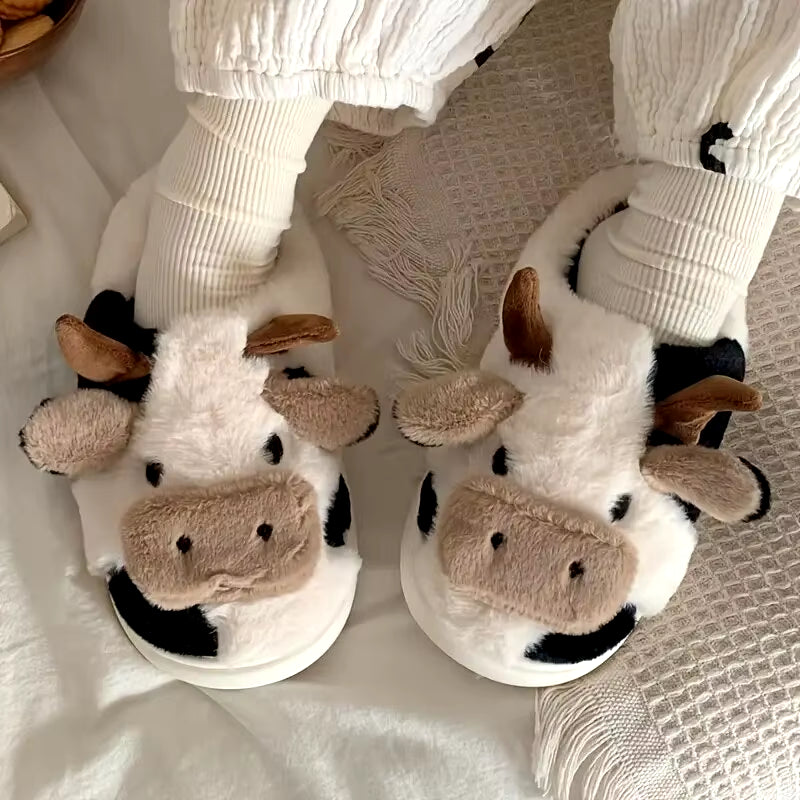 Adorable Cartoon Cow Slippers for Women - Cozy Fuzzy Home Slides for Winter & Autumn