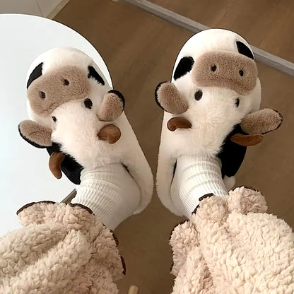 Adorable Cartoon Cow Slippers for Women - Cozy Fuzzy Home Slides for Winter & Autumn