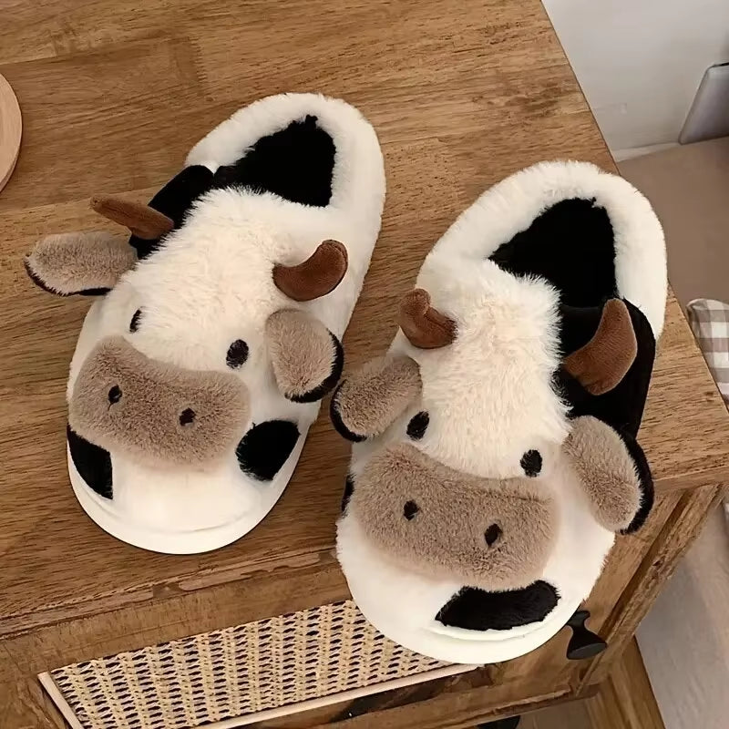 Adorable Cartoon Cow Slippers for Women - Cozy Fuzzy Home Slides for Winter & Autumn