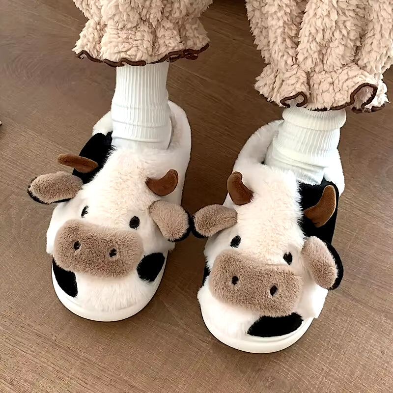 Adorable Cartoon Cow Slippers for Women - Cozy Fuzzy Home Slides for Winter & Autumn