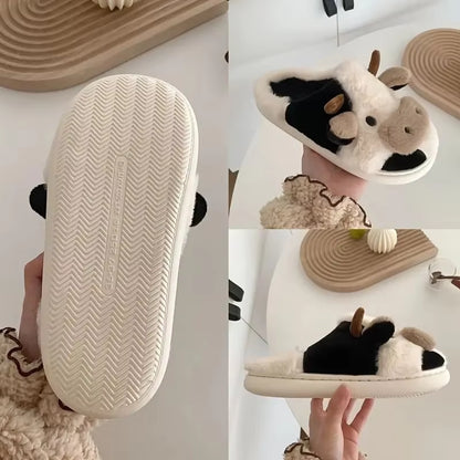 Adorable Cartoon Cow Slippers for Women - Cozy Fuzzy Home Slides for Winter & Autumn