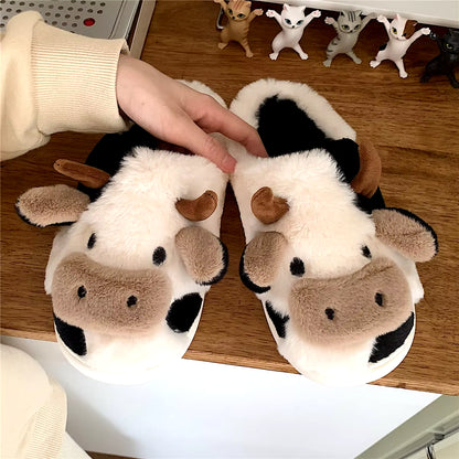 Adorable Cartoon Cow Slippers for Women - Cozy Fuzzy Home Slides for Winter & Autumn